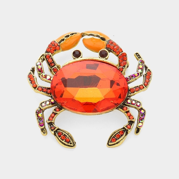 Orange Crab Pave Crystal Bling 1.8" Brooch Pin Rhinestone - Picture 1 of 2